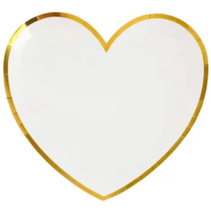 Assiettes en carton cœur pour baptême et fête blanc et or