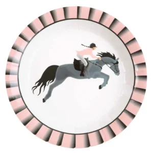 Assiettes en carton équitation pour enfant rose avec bordure rayée et motif de cheval