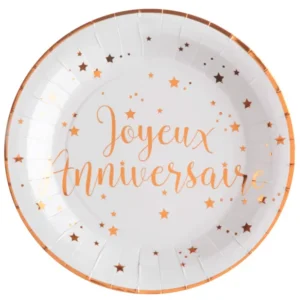 Assiettes en carton Joyeux Anniversaire blanches et rose gold à étoiles