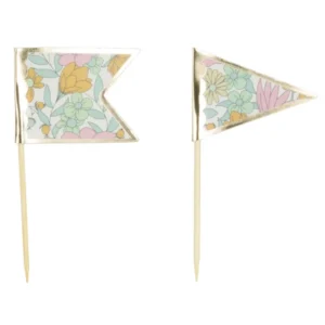 Pics à gâteaux liberty pour fête en bois avec motifs à fleurs et bordure dorée