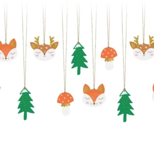 12 étiquettes en carton forêt de Noël pour décoration multicolores avec ficelle dorée