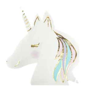 Serviettes en papier licorne pour anniversaire féerique blanc pastel et or