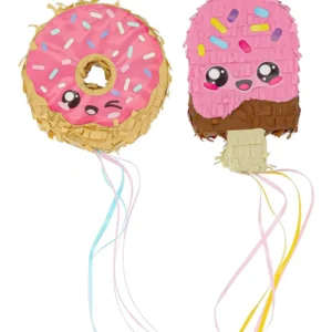 2er Set Kawaï Party Mini-Piñatas Donut & Eis 15 cm