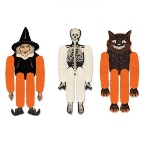 Pantins en papier à suspendre Halloween sorcière squelette pour décoration orange noir et blanc avec chat noir