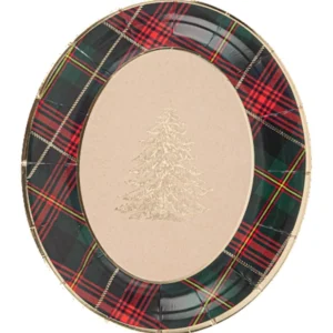 Plateaux en carton tartan de Noël pour fête ovales rouge et vert avec sapin doré
