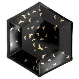 Assiettes en carton chauves-souris noires et dorées hexagonales