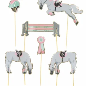 6 décorations pour gâteau cheval et équitation pour enfant rose vert et doré