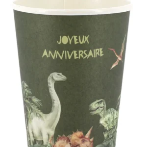 Gobelets joyeux anniversaire dinosaures vert en carton thème jungle