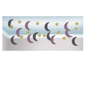6 guirlandes en papier lunes et étoiles mille et une nuits pour décoration orientale bleu violet et or