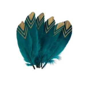 6 plumes ethniques bleu paon et or pailletées