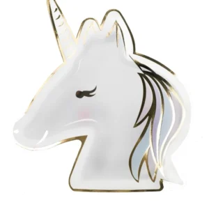 Assiettes en carton licorne pastel et or en forme de tête