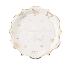 8 assiettes Merveilleux Noël blanches et dorées en carton