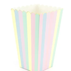Boîte à pop corn arc-en-ciel et or pour fête à rayures pastel en carton