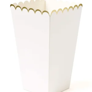 Boîtes à pop corn festonnées pour fête blanc et or