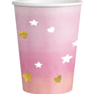 Gobelets en carton oh baby pour baby shower rose et or avec motifs étoiles et cœurs
