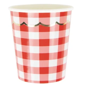 Gobelets en carton festonnés vichy pour fête rouge et blanc