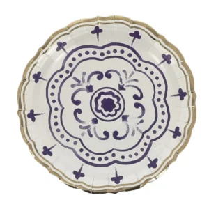 Petites assiettes en carton motif méditerranéen pour fête bleu roi blanc et or