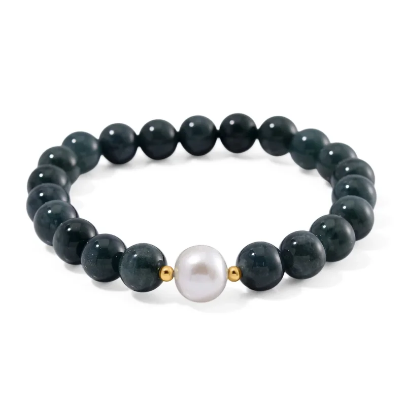 Flexibles weißes Edison Perle und natürliches Olmek Jadeit Armband, 925 Silber vergoldet