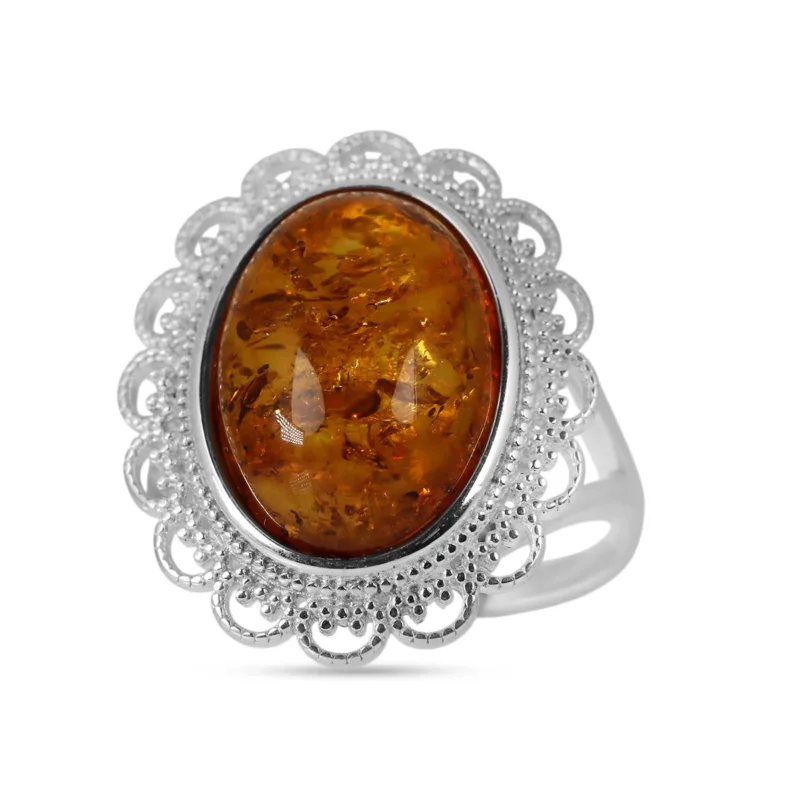 AA Natürlicher Baltischer Bernstein Ring, flexibel (Größe 17.00 - 20.00), 925 Silber