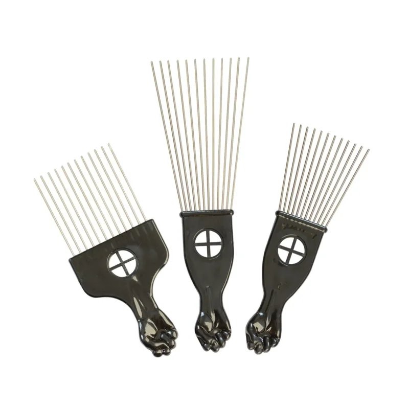 3er Set Metall Afro Pick Kämme Breit Zahnlängen Schwarz