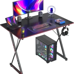 Gaming Schreibtisch mit Kohlefaseroberfläche und Kopfhörerhaken