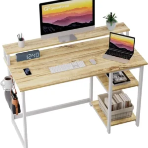 Schreibtisch Holz 120x55 cm mit Regal Monitorständer Eiche Beige