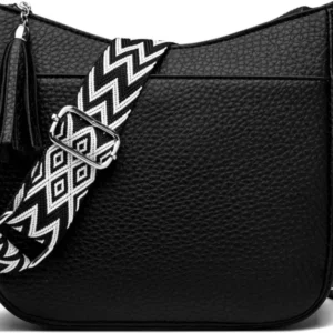 Schwarze Crossbody Umhängetasche Damen Veganes Leder Mit Breitem Gurt