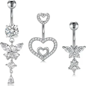 Bauchnabelpiercing Set Herz Schmetterling Diamant 14G Silber Gold