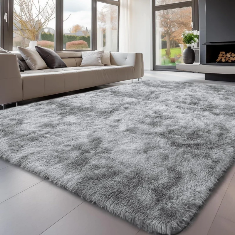 Hochflor Teppich Grau 200x300 – Flauschiger Wohnzimmerteppich Waschbar