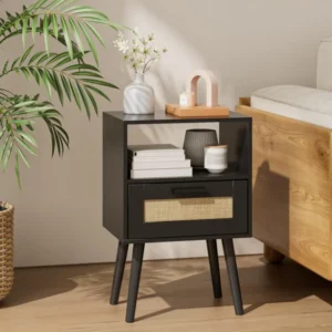 Nachttisch Rattan Schwarz handgefertigt Holz Akzent