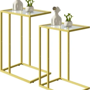 C-förmiger Beistelltisch aus Glas, golden, 2er Set