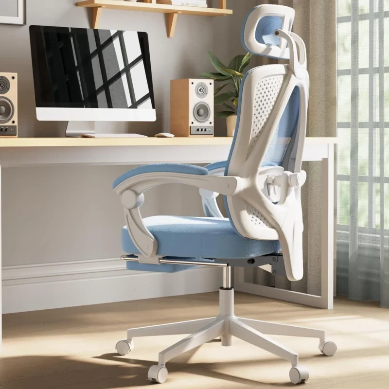 Ergonomischer Mesh Bürostuhl mit Fußstütze Blau