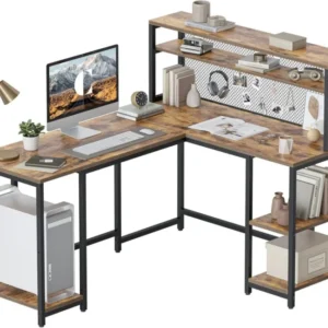 L-förmiger Schreibtisch mit Regal und Drahtgeflecht Vintagebraun
