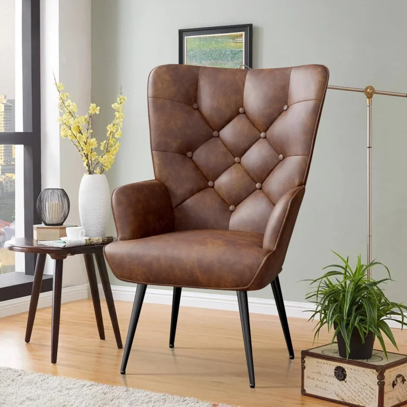 Eleganter Ohrensessel mit Metallbeinen, braun