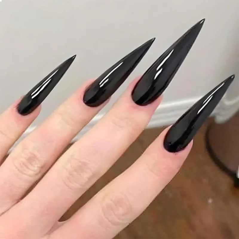 24er Set Schwarz Stiletto Lang Glänzende Press-On Nails