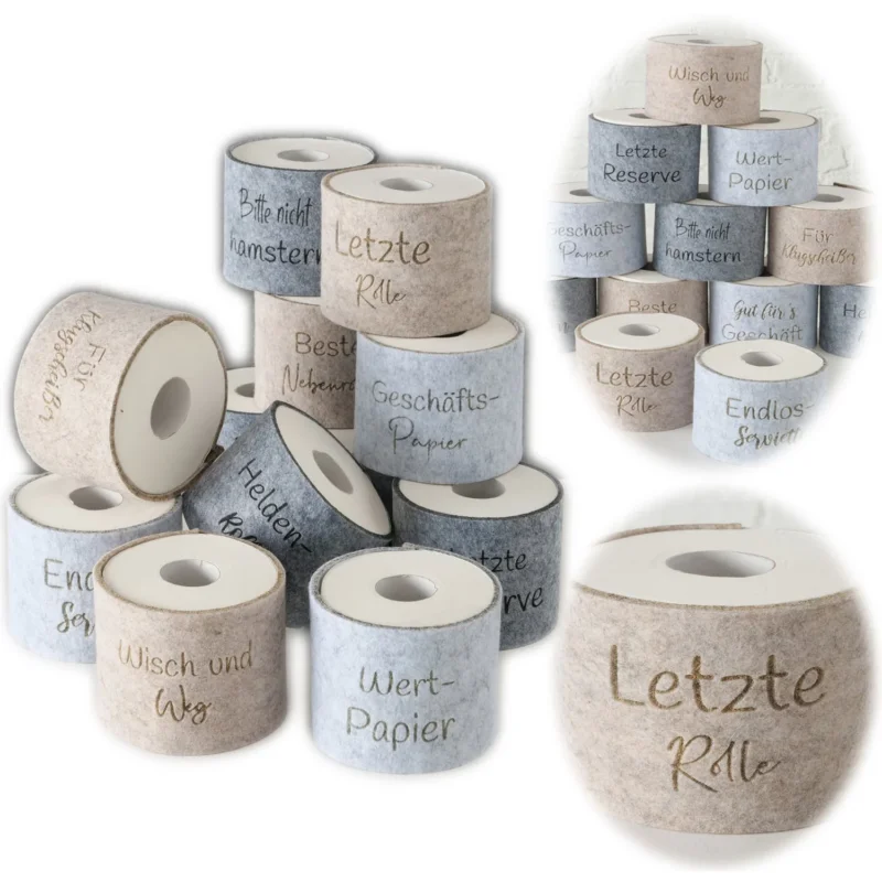 KI-generiertes Bild Toilettenpapier Banderole letzte Rolle Filz Klohut Husse Klopapier Klorolle