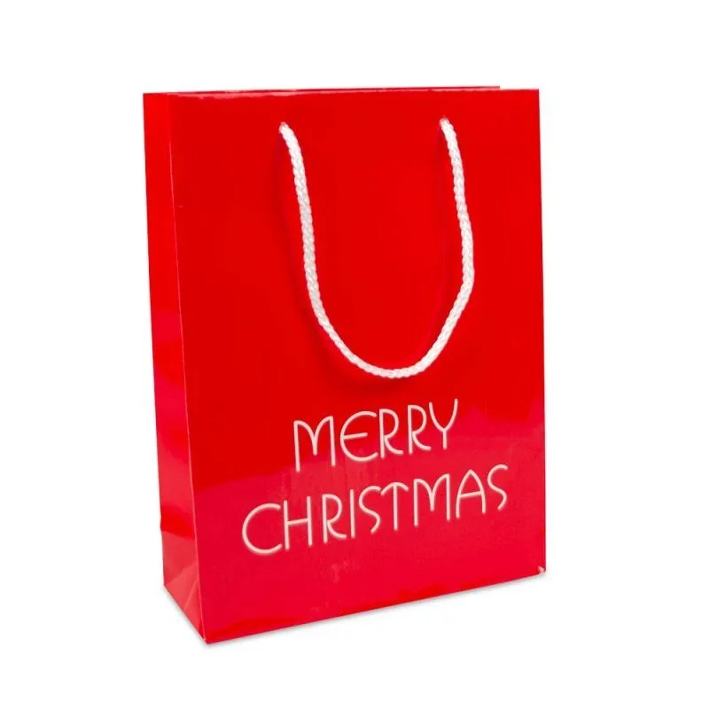 Luxuriöse Papier-Weihnachtstaschen - Merry Christmas 26+10x35 cm Rot (100 Stück) [FP-TOP993]