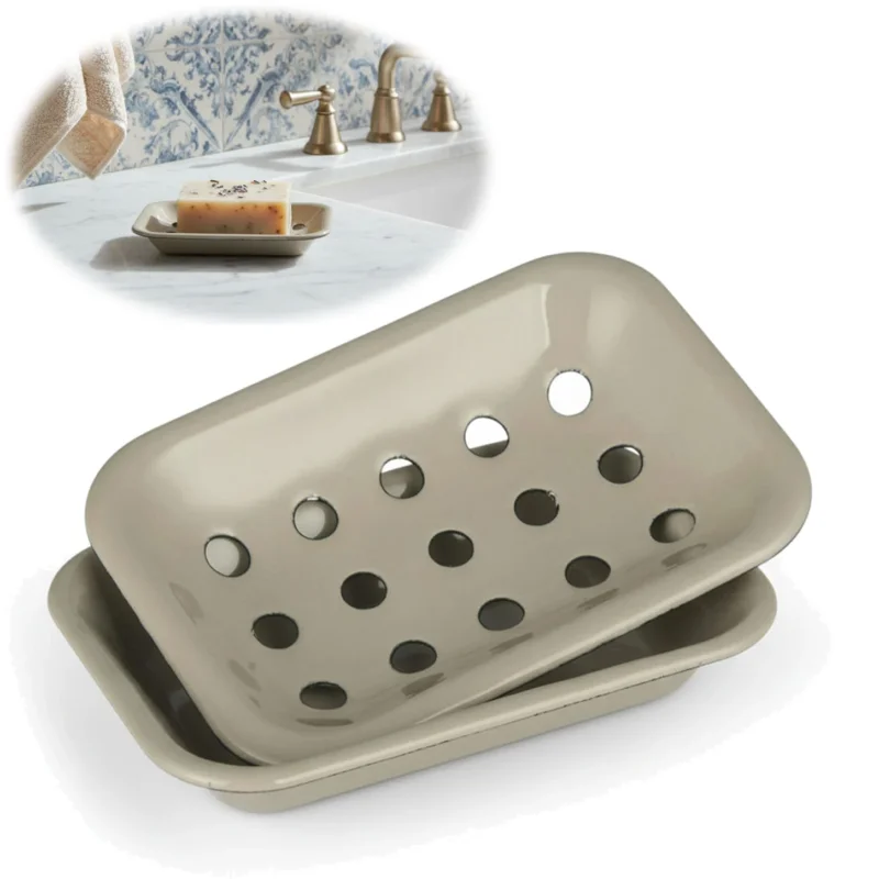 KI-generiertes Bild IB Laursen Emaille Seifenschale 2-tlg Beige 15cm mit Ablauf Altum Seifenablage