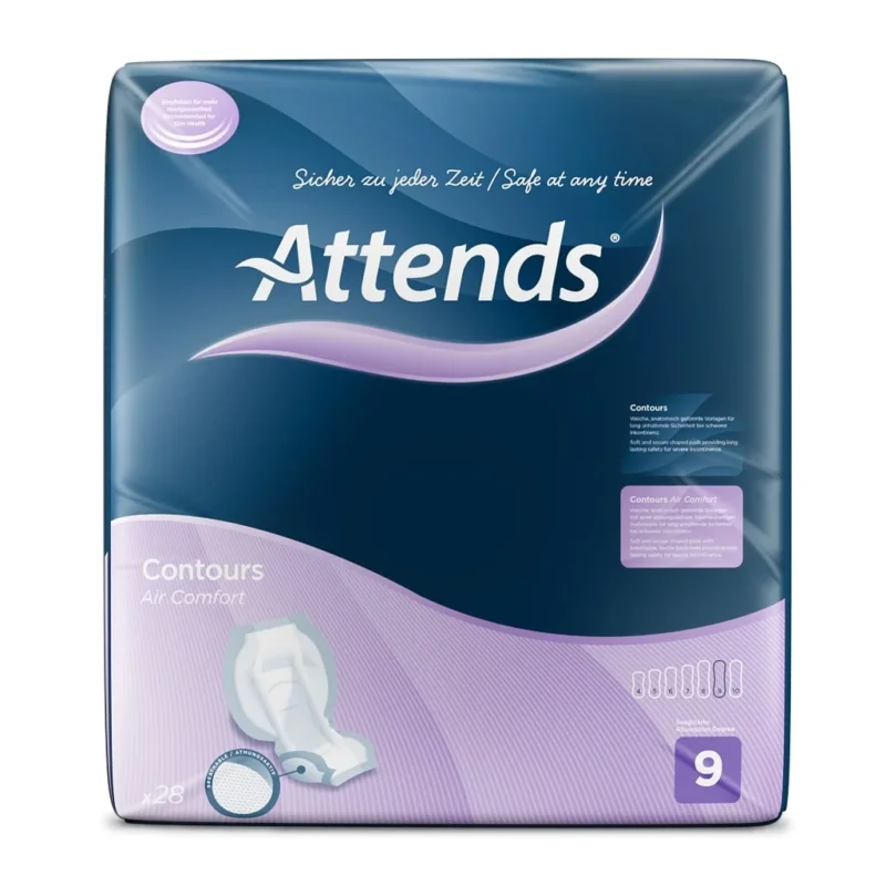 Absorbierende Inkontinenzvorlagen "Attends Contours Air Comfort 9" in einer transparenten Verpackung. Die Vorlagen sind oval geformt, mit einer leichten Struktur, die für zusätzlichen Komfort sorgt. Die Oberfläche ist in einem sanften Weiß gehalten, während die Rückseite eine blaue Schutzschicht für optimalen Auslaufschutz zeigt. Auf der Vorderseite befinden sich informative Symbole zu Größe und Absorption.