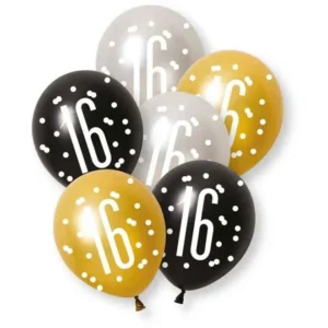 Ballonnen 16 Jaar Latex Goud Zwart Zilver 30cm 6st van Unique koop je bij Partywinkel