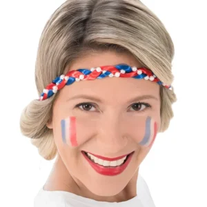 Bandeau natte et perles supporter France pour adulte bleu blanc rouge