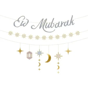 3 guirlandes en carton Eid Mubarak pour fête or et argent