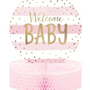 Centre de table en papier alvéolé Welcome Baby pour baby shower rose et blanc à pois dorés