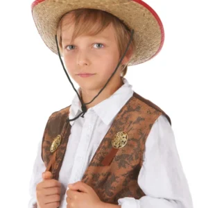Chapeau cowboy de l'ouest en paille pour enfant avec bord rouge et étoile