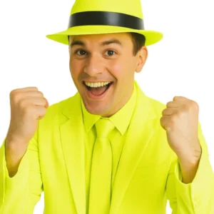 Chapeau gangster pour adulte jaune fluo avec bandeau noir