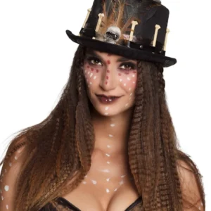 Chapeau haut de forme vaudou pour adulte noir avec plumes et ossements