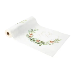 Chemin de table forêt enchantée pour Noël blanc en velours avec motifs et texte joyeux noël