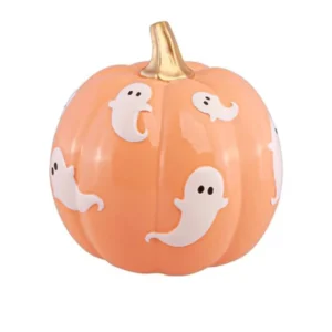 Summerween Kürbis Deko Pastellorange mit weißen Gespenstern 14,8 cm