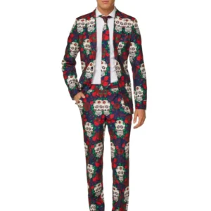 Costume Mr. Skull Day of the dead pour homme bleu marine à motifs crânes et roses rouges