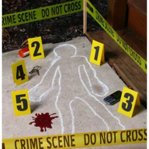 Décorations scène de crime pour Halloween jaune et blanc avec ruban et marqueurs numérotés